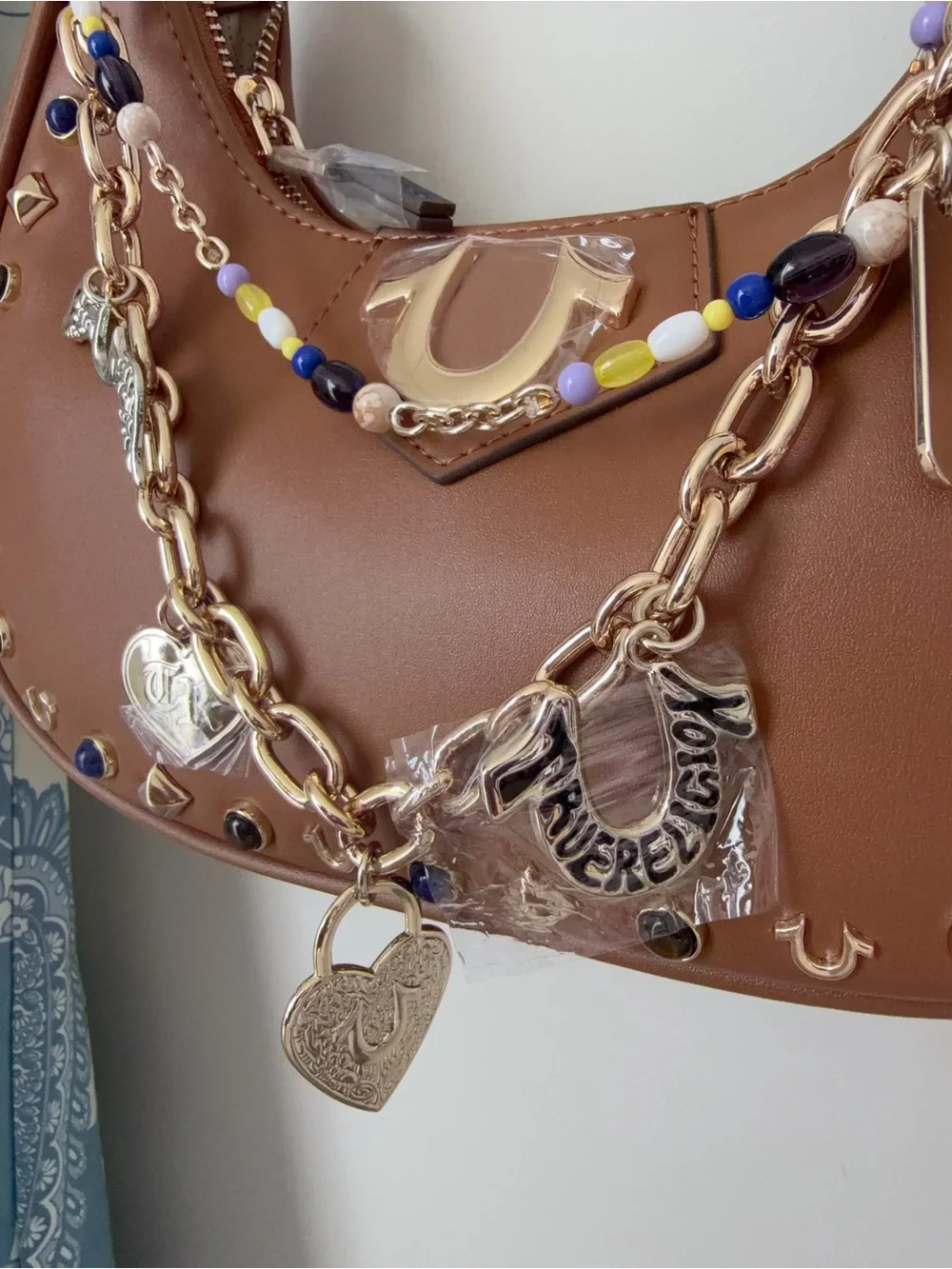 True Religion Brown gold stud stone accent Shoulder Bag Gold beaded bag charms